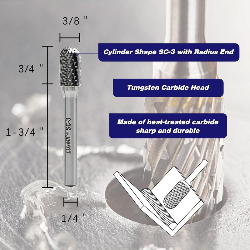 LU&MN Tungsten Carbide Burr Cylinder Shape SC-3 with Radius End Double Cut Rotary Burr File, 4pcs by - Image 2